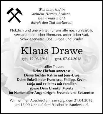Traueranzeige von Klaus Drawe von Mitteldeutsche Zeitung Bitterfeld