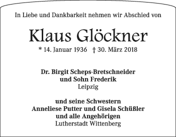 Traueranzeige von Klaus Glöckner von Super Sonntag Wittenberg