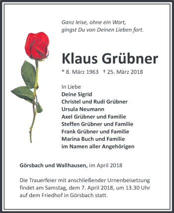 Traueranzeige von Klaus Grübner von Mitteldeutsche Zeitung Sangerhausen