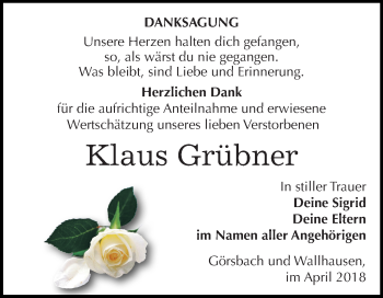 Traueranzeige von Klaus Grübner von Mitteldeutsche Zeitung Sangerhausen