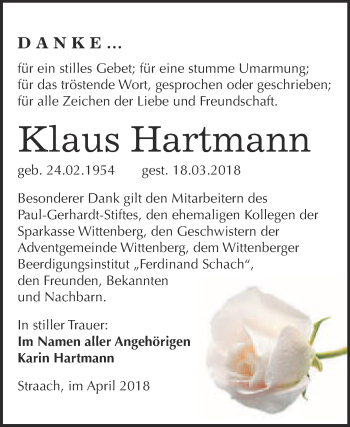 Traueranzeige von Klaus Hartmann von WVG - Wochenspiegel Wittenberg