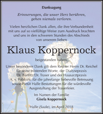 Traueranzeige von Klaus Koppernock von Mitteldeutsche Zeitung Halle/Saalkreis
