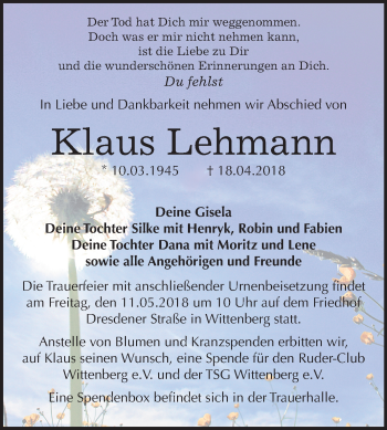 Traueranzeige von Klaus Lehmann von Mitteldeutsche Zeitung