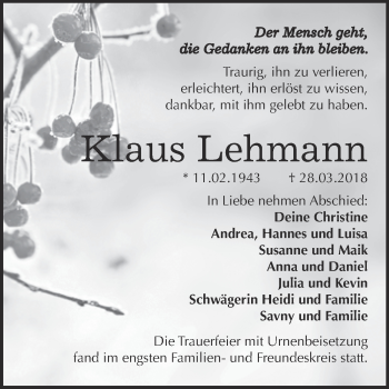Traueranzeige von Klaus Lehmann von WVG - Wochenspiegel Bitterfeld