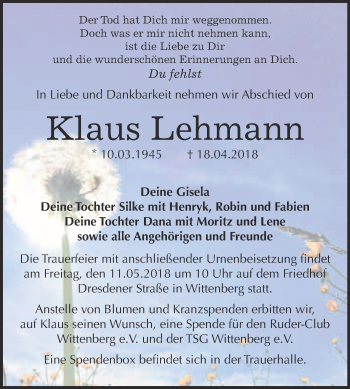 Traueranzeige von Klaus Lehmann von Super Sonntag Wittenberg