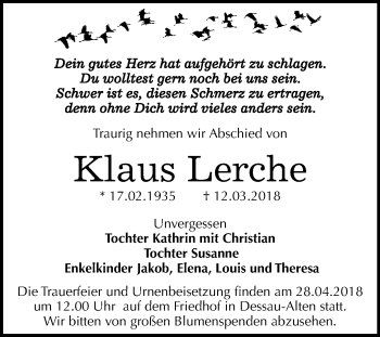 Traueranzeige von Klaus Lerche von Mitteldeutsche Zeitung Dessau-Roßlau