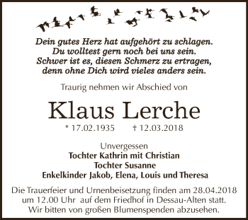 Traueranzeige von Klaus Lerche von WVG - Wochenspiegel Dessau / Köthen