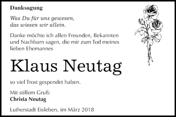 Traueranzeige von Klaus Neutag von Wochenspiegel Mansfelder Land