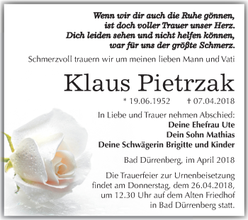 Traueranzeige von Klaus Pietrzak von Mitteldeutsche Zeitung Merseburg/Querfurt