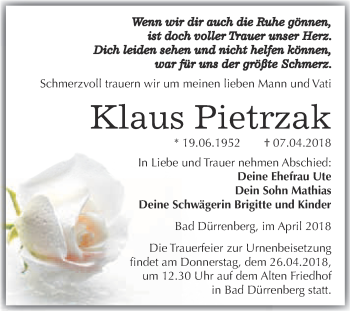 Traueranzeige von Klaus Pietrzak von Super Sonntag Merseburg