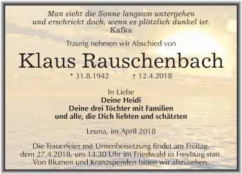 Traueranzeige von Klaus Rauschenbach von WVG - Wochenspiegel Merseburg