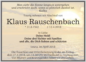 Traueranzeige von Klaus Rauschenbach von Mitteldeutsche Zeitung