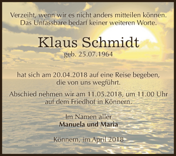 Traueranzeige von Klaus Schmidt von Super Sonntag Bernburg