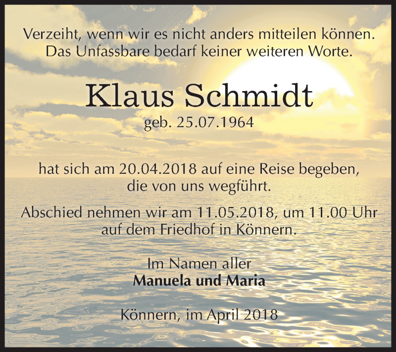  Traueranzeige für Klaus Schmidt vom 28.04.2018 aus Mitteldeutsche Zeitung Bernburg