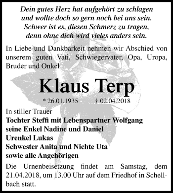 Traueranzeige von Klaus Terp von Mitteldeutsche Zeitung Zeitz