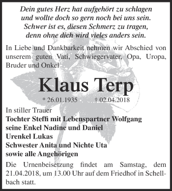 Traueranzeige von Klaus Terp von Super Sonntag Zeitz