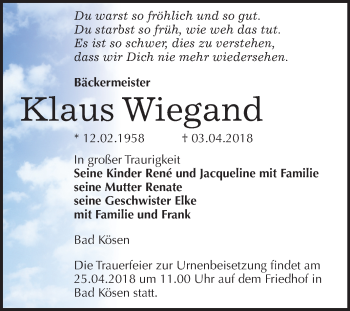 Traueranzeige von Klaus Wiegand von Mitteldeutsche Zeitung