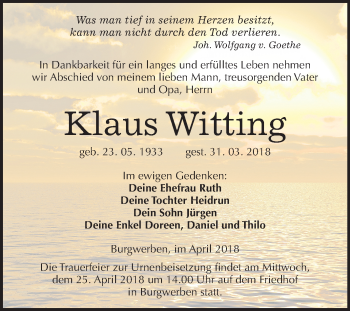 Traueranzeige von Klaus Witting von Mitteldeutsche Zeitung Weißenfels