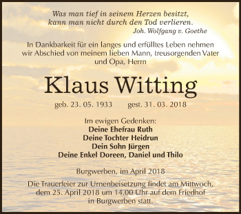 Traueranzeige von Klaus Witting von WVG - Wochenspiegel NMB / WSF / ZTZ