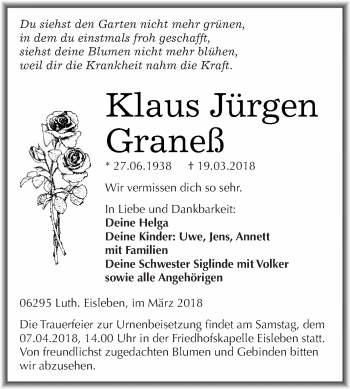 Traueranzeige von Klaus Jürgen Graneß von Wochenspiegel Mansfelder Land