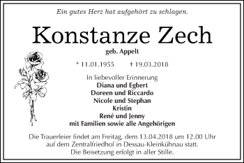 Traueranzeige von Konstanze Zech von WVG - Wochenspiegel Dessau / Köthen
