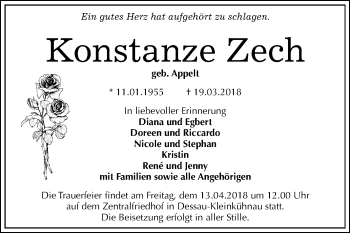 Traueranzeige von Konstanze Zech von Mitteldeutsche Zeitung Dessau-Roßlau