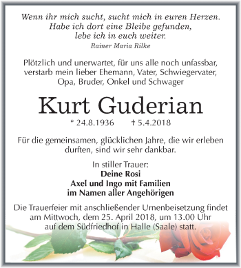 Traueranzeige von Kurt Guderian von Mitteldeutsche Zeitung Halle/Saalkreis
