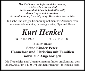 Traueranzeige von Kurt Henkel von WVG - Wochenspiegel Dessau / Köthen