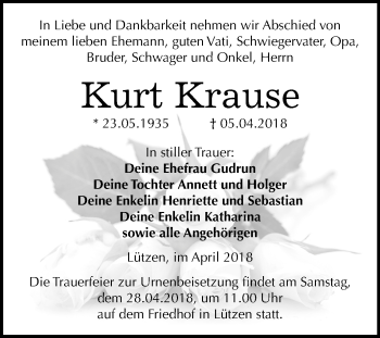 Traueranzeige von Kurt Krause von Mitteldeutsche Zeitung Weißenfels