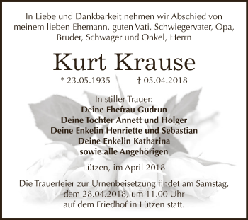 Traueranzeige von Kurt Krause von WVG - Wochenspiegel NMB / WSF / ZTZ