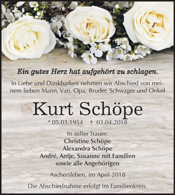 Traueranzeige von Kurt Schöpe von Mitteldeutsche Zeitung Aschersleben