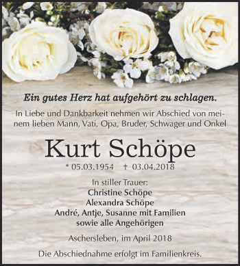 Traueranzeige von Kurt Schöpe von Super Sonntag Aschersleben