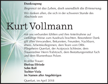 Traueranzeige von Kurt Vollmann von Mitteldeutsche Zeitung Merseburg/Querfurt