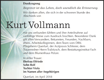 Traueranzeige von Kurt Vollmann von WVG - Wochenspiegel Merseburg