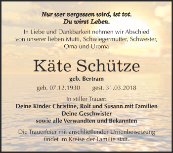 Traueranzeige von Käte Schütze von Super Sonntag Wittenberg