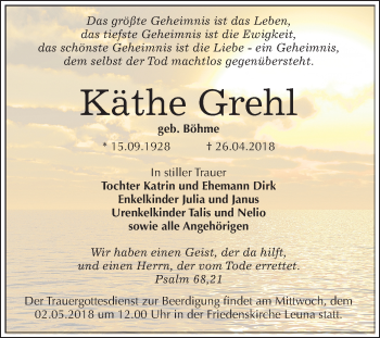 Traueranzeige von Käthe Grehl von Mitteldeutsche Zeitung Merseburg/Querfurt