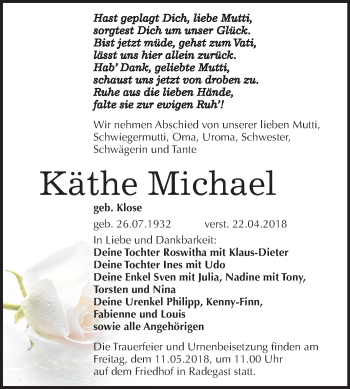 Traueranzeige von Käthe Michael von Mitteldeutsche Zeitung Köthen