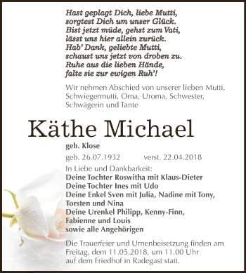 Traueranzeige von Käthe Michael von WVG - Wochenspiegel Dessau / Köthen