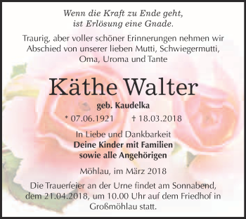 Traueranzeige von Käthe Walter von WVG - Wochenspiegel Wittenberg