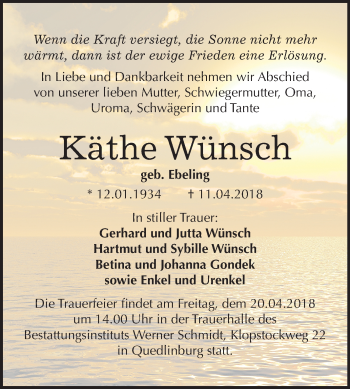 Traueranzeige von Käthe Wünsch von Mitteldeutsche Zeitung Quedlinburg