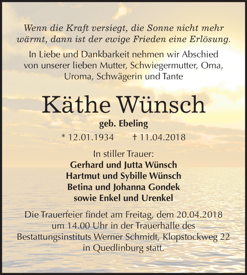  Traueranzeige für Käthe Wünsch vom 14.04.2018 aus Mitteldeutsche Zeitung Quedlinburg