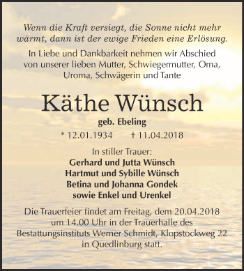 Traueranzeige von Käthe Wünsch von Super Sonntag Quedlinburg