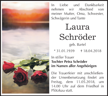 Traueranzeige von Laura Schröder von Mitteldeutsche Zeitung Bernburg