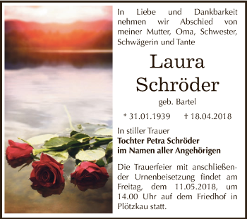 Traueranzeige von Laura Schröder von Super Sonntag Bernburg