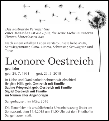 Traueranzeige von Leonore Oestreich von Super Sonntag SGH Mansf. Land