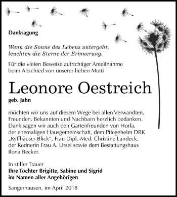 Traueranzeige von Leonore Oestreich von Mitteldeutsche Zeitung
