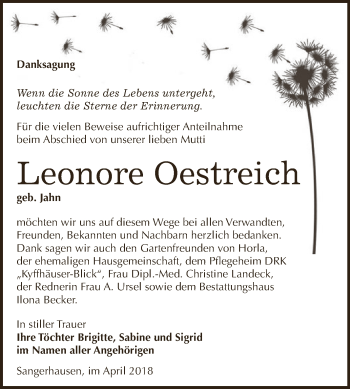 Traueranzeige von Leonore Oestreich von Super Sonntag SGH Mansf. Land