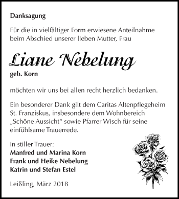 Traueranzeige von Liane Nebelung von WVG - Wochenspiegel NMB / WSF / ZTZ