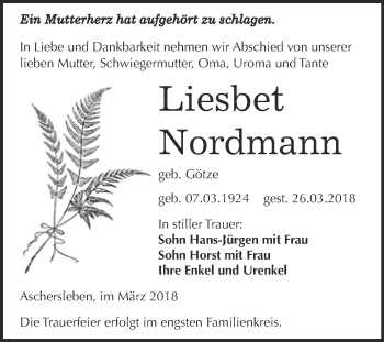 Traueranzeige von Liesbet Nordmann von Super Sonntag Aschersleben