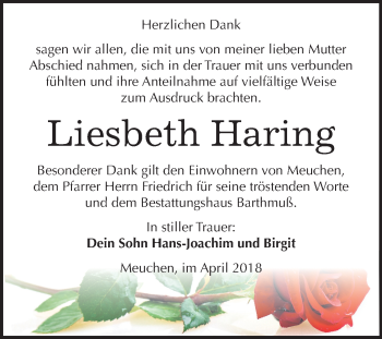 Traueranzeige von Liesbeth Haring von Mitteldeutsche Zeitung Weißenfels